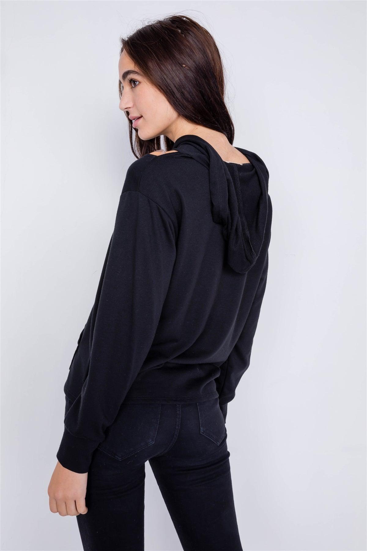 Black Shoulder Cut Out Pull Over Hoodie Relaxed Fit Sweater /2-2-2