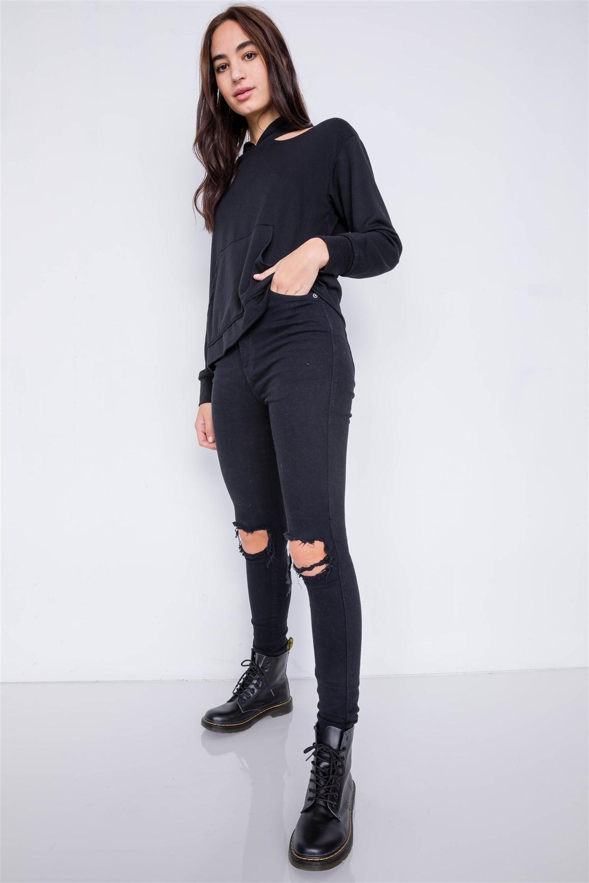 Black Shoulder Cut Out Pull Over Hoodie Relaxed Fit Sweater /2-2-2