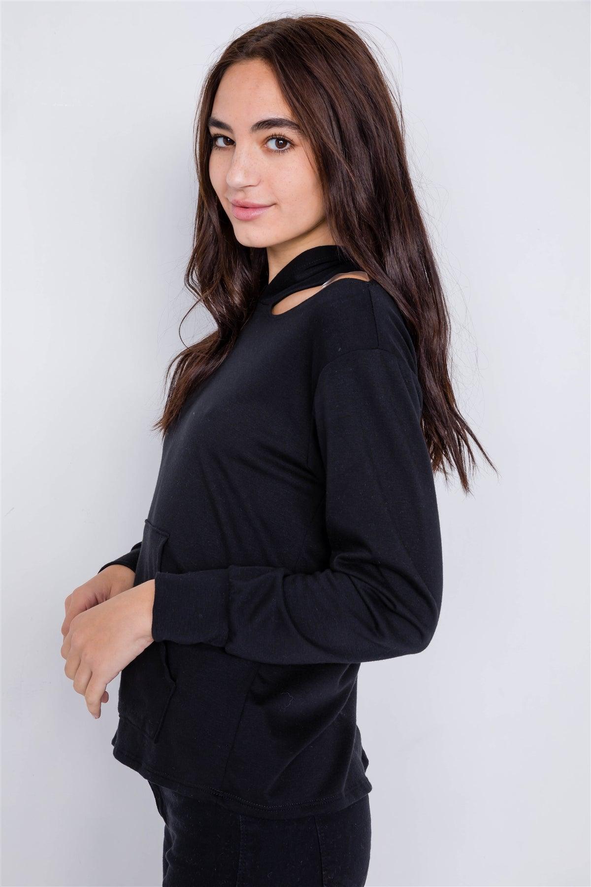 Black Shoulder Cut Out Pull Over Hoodie Relaxed Fit Sweater /2-2-2