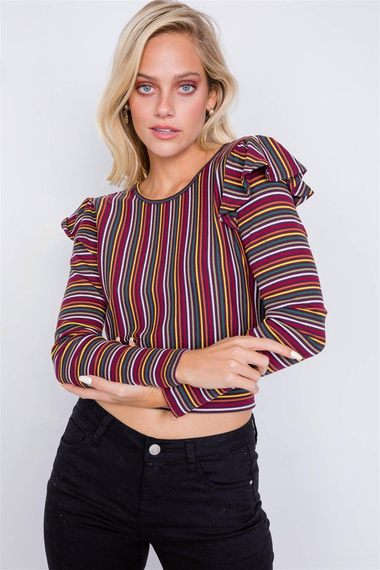 Purple Multi Stripe Open Back Ruffle Shoulder Crop Top /2-2-2