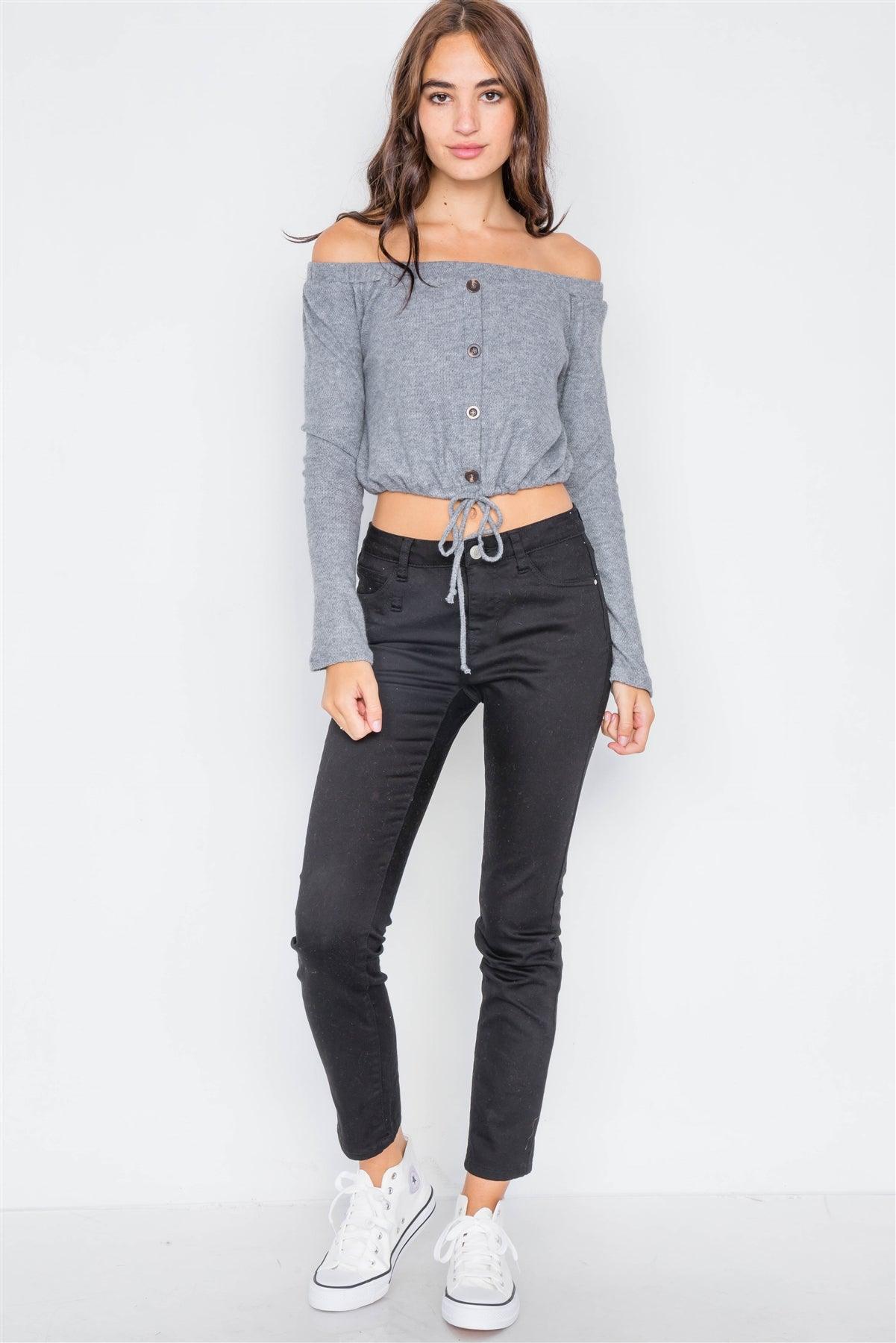 Grey Front Self-Tie Relaxed Fit Off-The-Shoulder Top /2-2-2