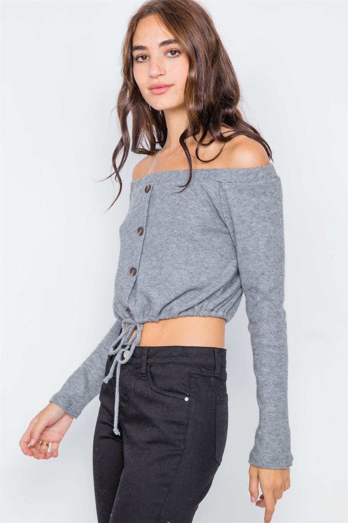 Grey Front Self-Tie Relaxed Fit Off-The-Shoulder Top /2-2-2