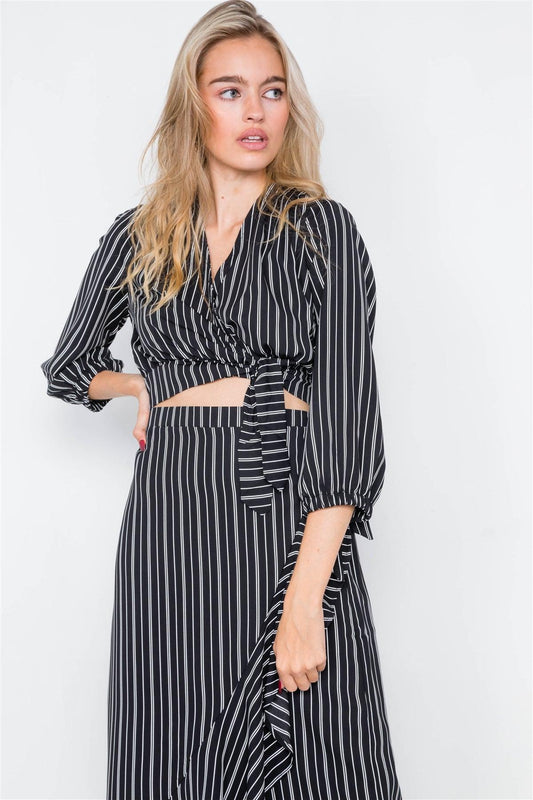 Black & White Stripe Crop V-Neck & Mock Wrap Midi Skirt Set /2-2-2