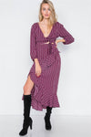 Burgundy & White Stripe Crop V-Neck & Mock Wrap Midi Skirt Set /2-2-2