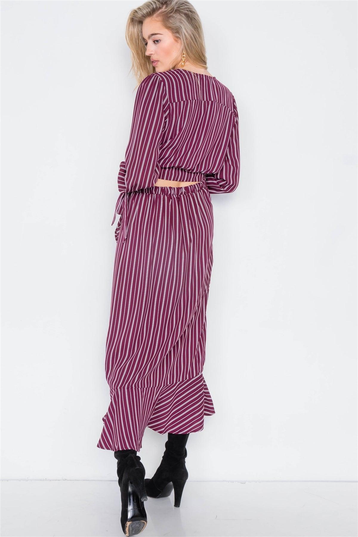 Burgundy & White Stripe Crop V-Neck & Mock Wrap Midi Skirt Set /2-2-2