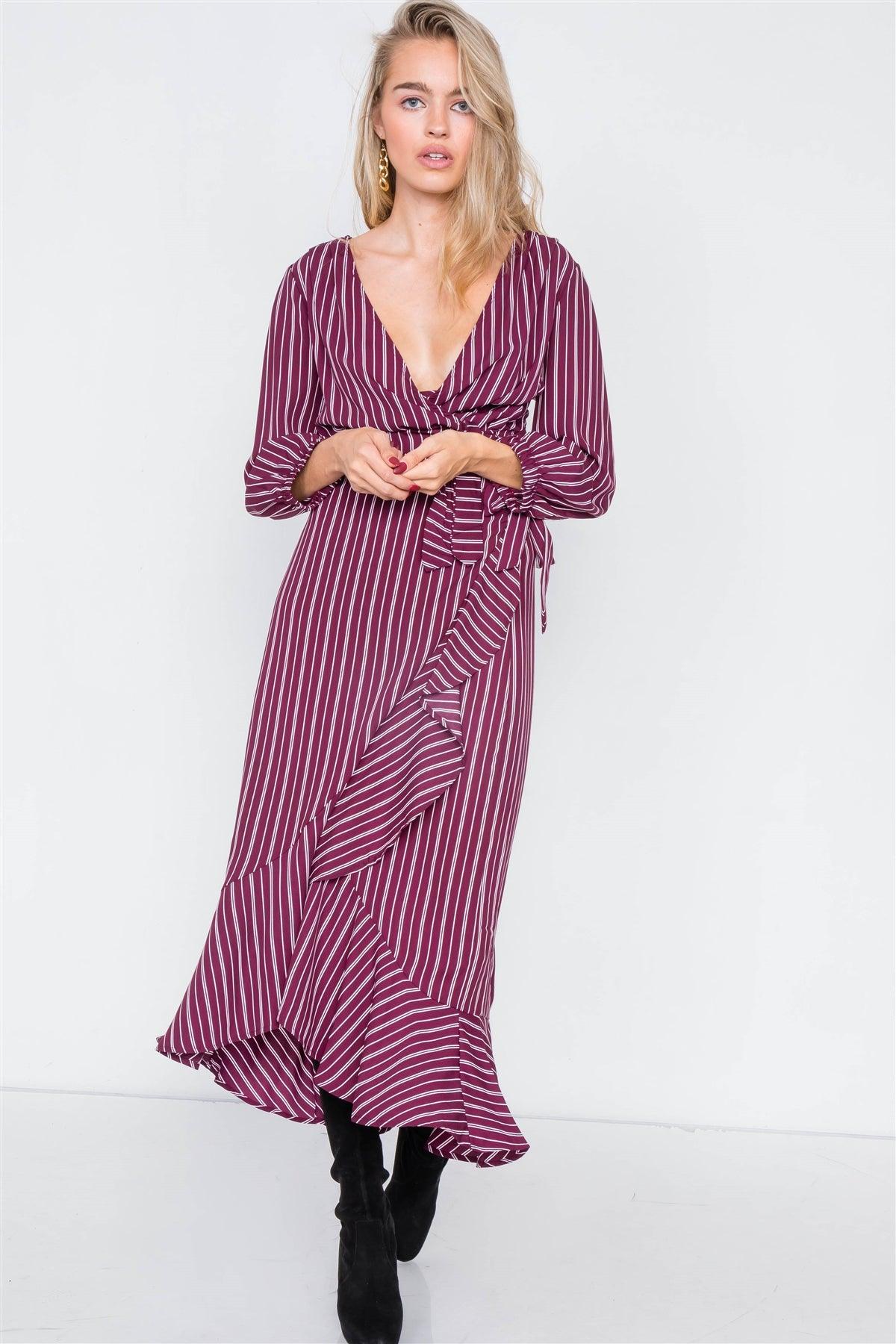 Burgundy & White Stripe Crop V-Neck & Mock Wrap Midi Skirt Set /2-2-2