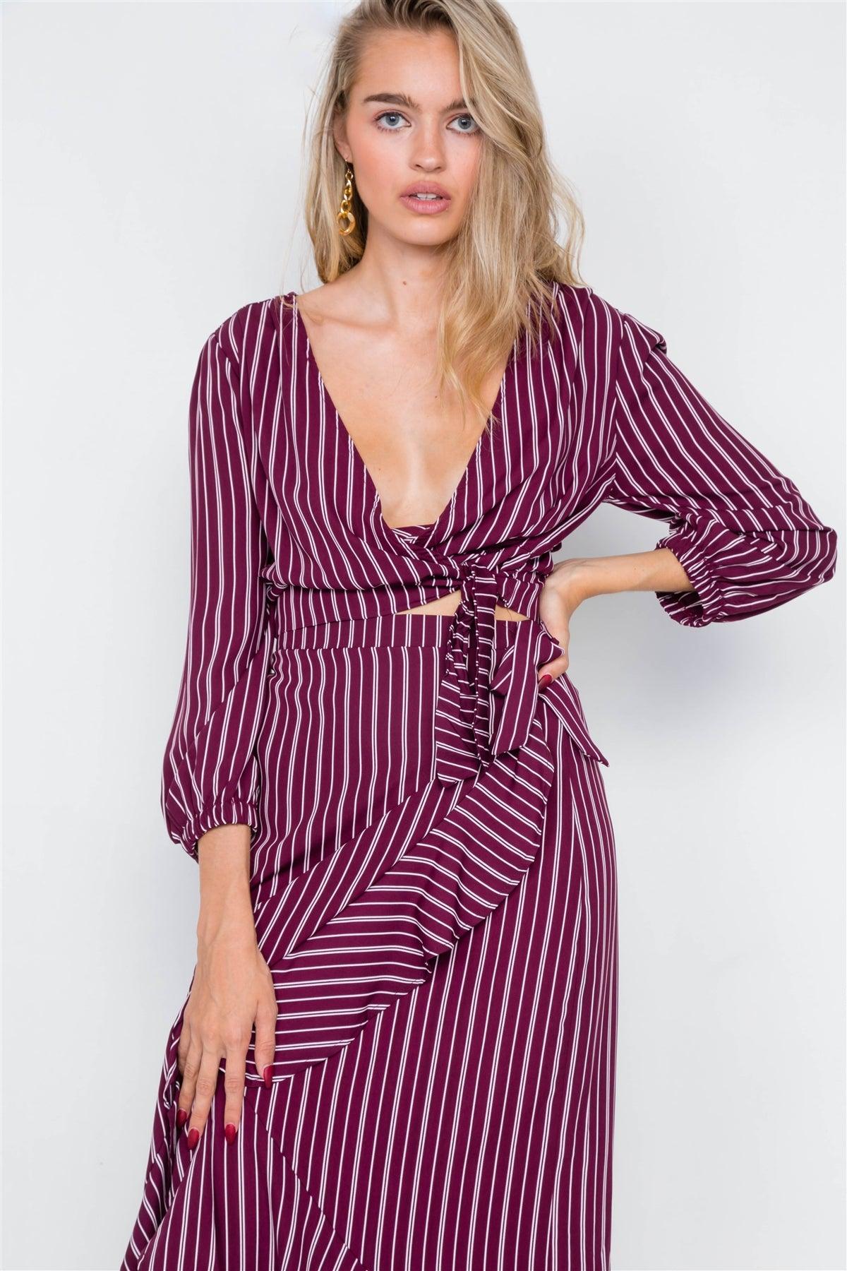 Burgundy & White Stripe Crop V-Neck & Mock Wrap Midi Skirt Set /2-2-2