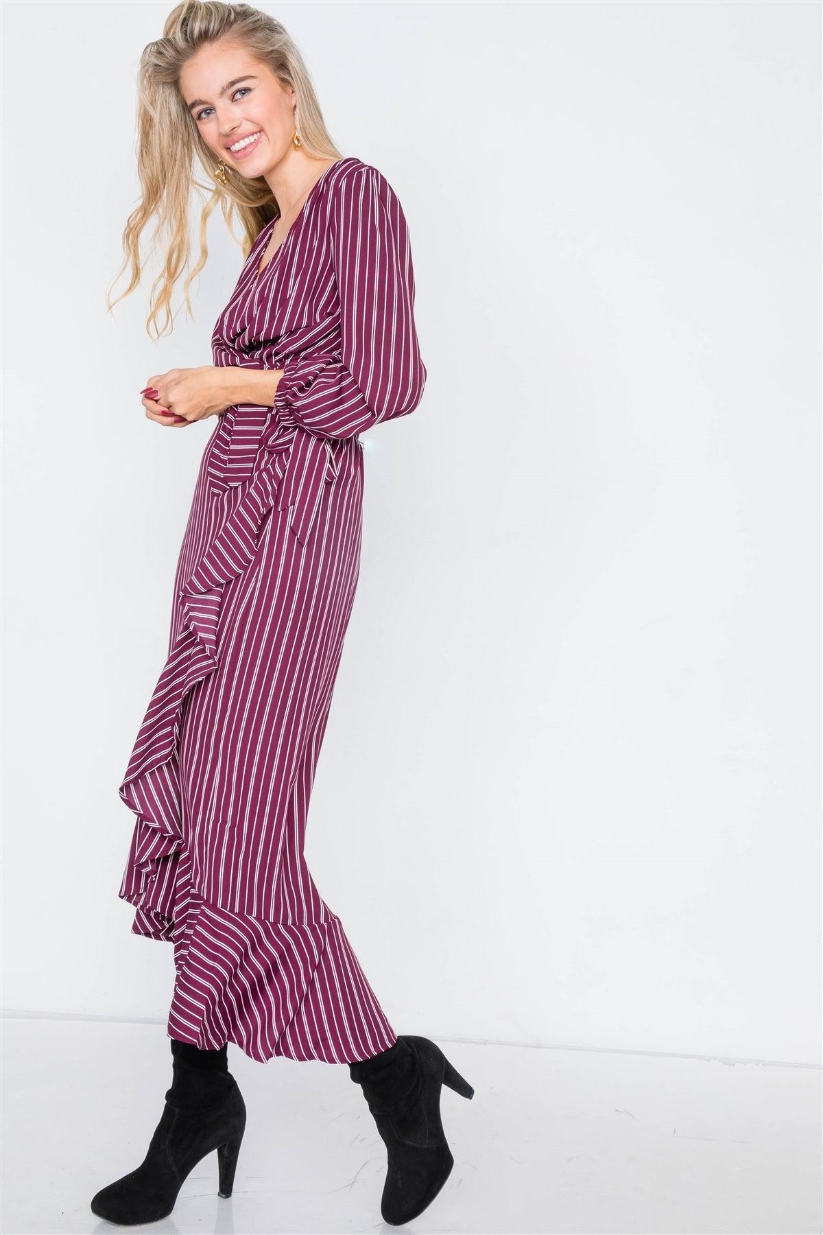 Burgundy & White Stripe Crop V-Neck & Mock Wrap Midi Skirt Set /2-2-2