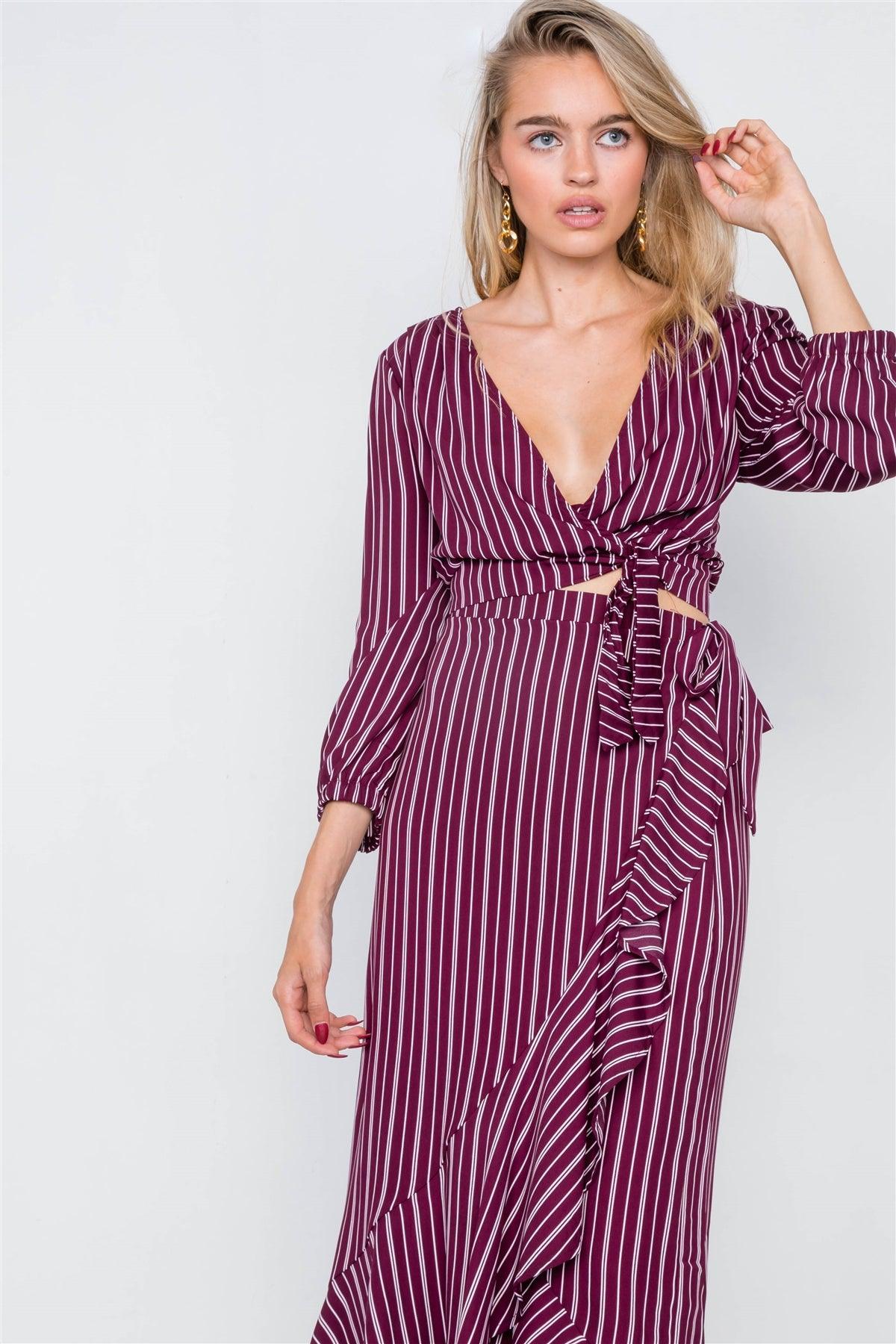 Burgundy & White Stripe Crop V-Neck & Mock Wrap Midi Skirt Set /2-2-2