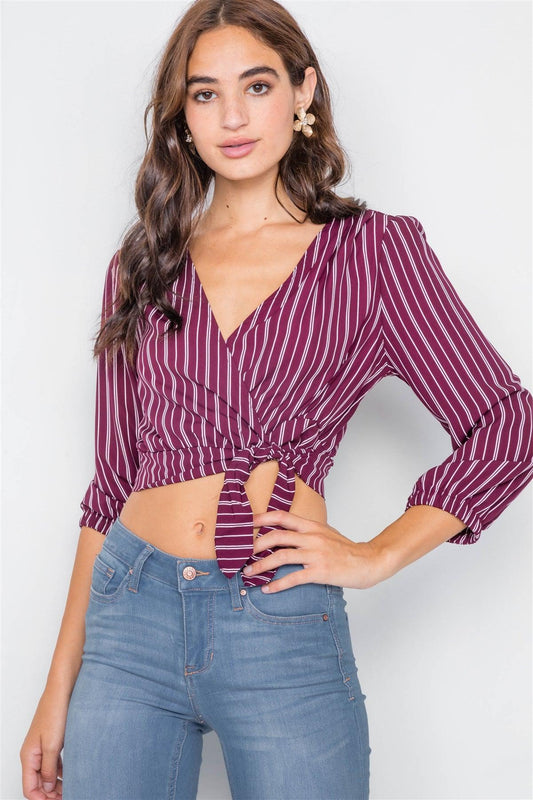 Burgundy & White Stripe Side Bow V-Neck Crop Top /2-2-2