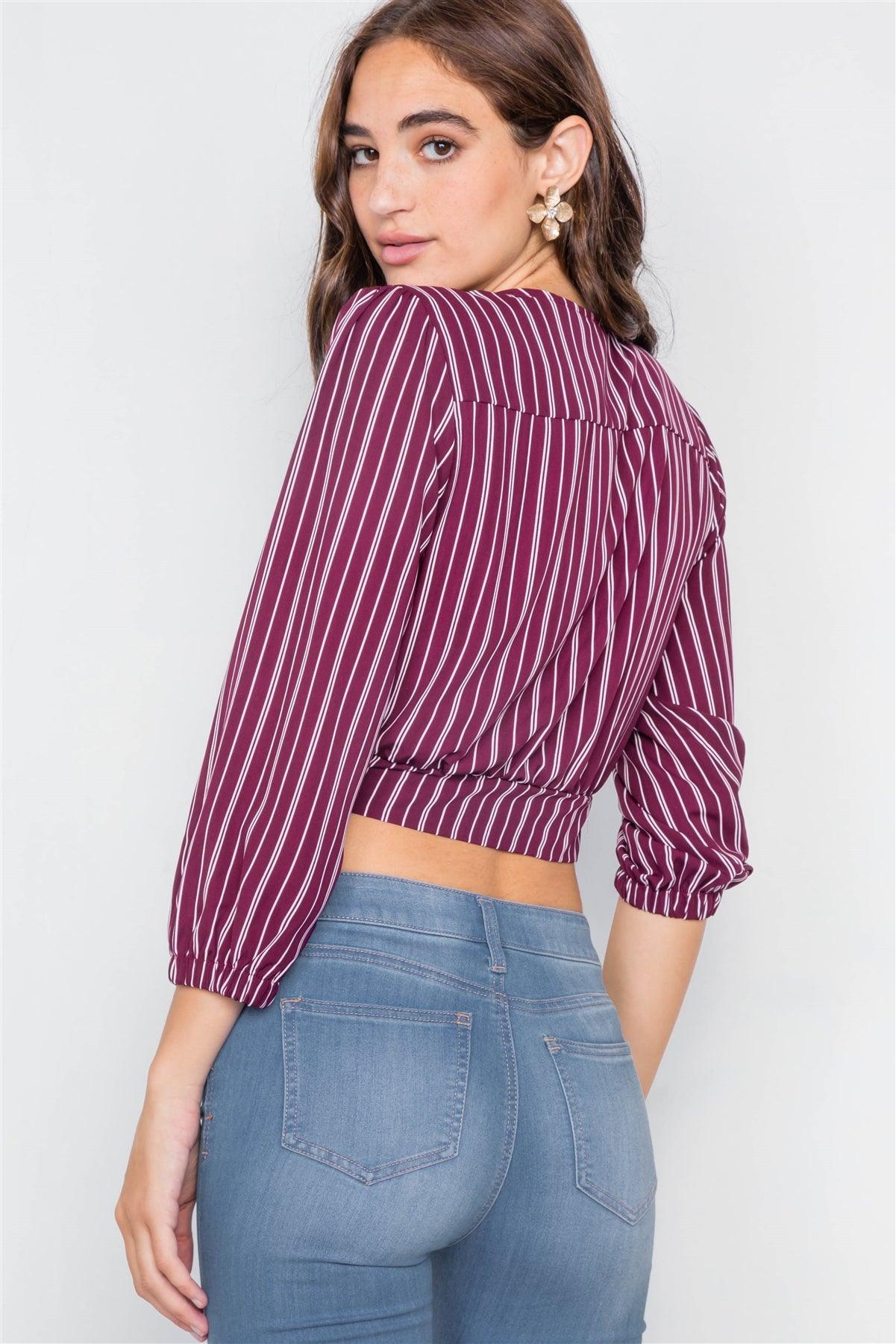 Burgundy & White Stripe Side Bow V-Neck Crop Top /2-2-2