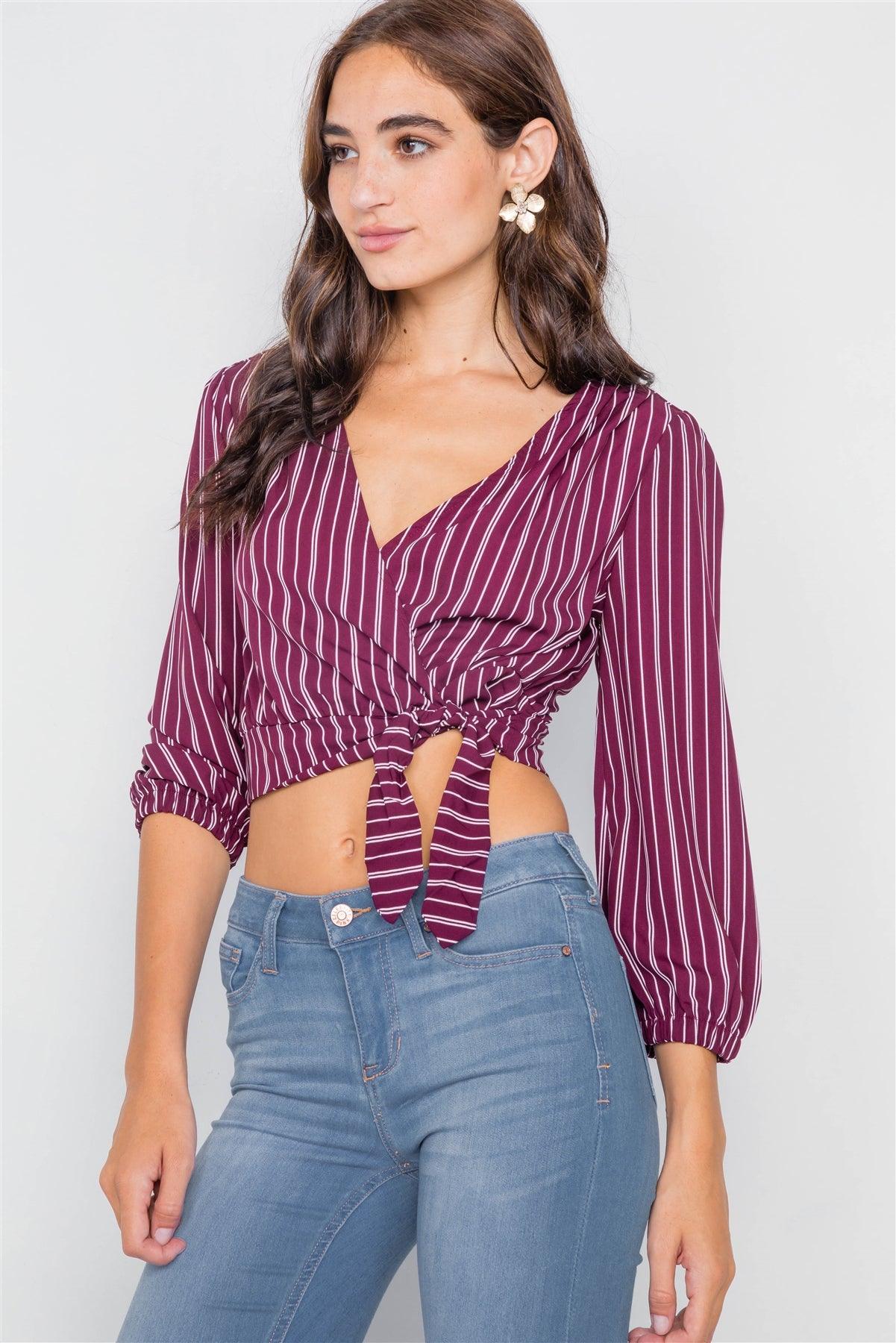 Burgundy & White Stripe Side Bow V-Neck Crop Top /2-2-2