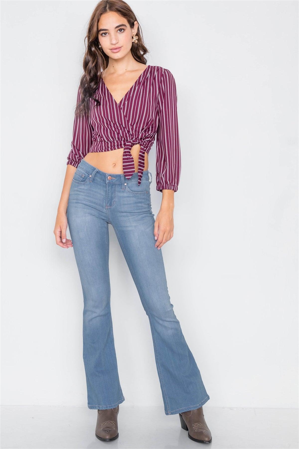 Burgundy & White Stripe Side Bow V-Neck Crop Top /2-2-2