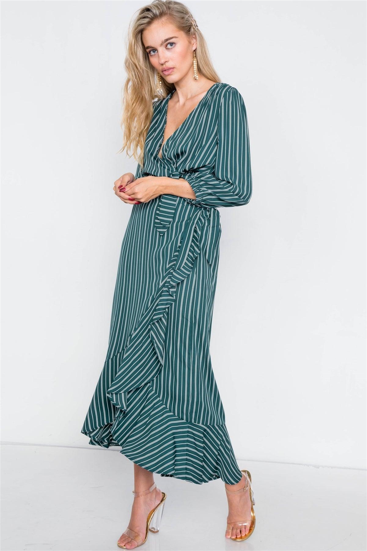 Green & White Stripe Crop V-Neck & Mock Wrap Midi Skirt Set /2-2-2