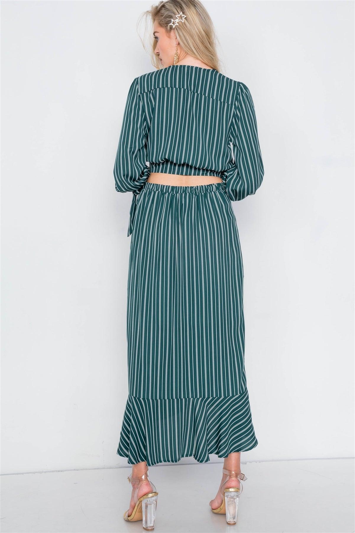 Green & White Stripe Crop V-Neck & Mock Wrap Midi Skirt Set /2-2-2