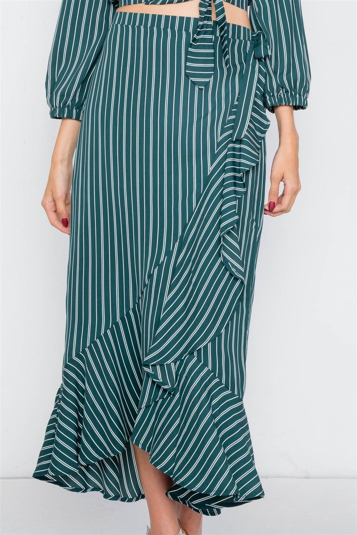 Green & White Stripe Crop V-Neck & Mock Wrap Midi Skirt Set /2-2-2