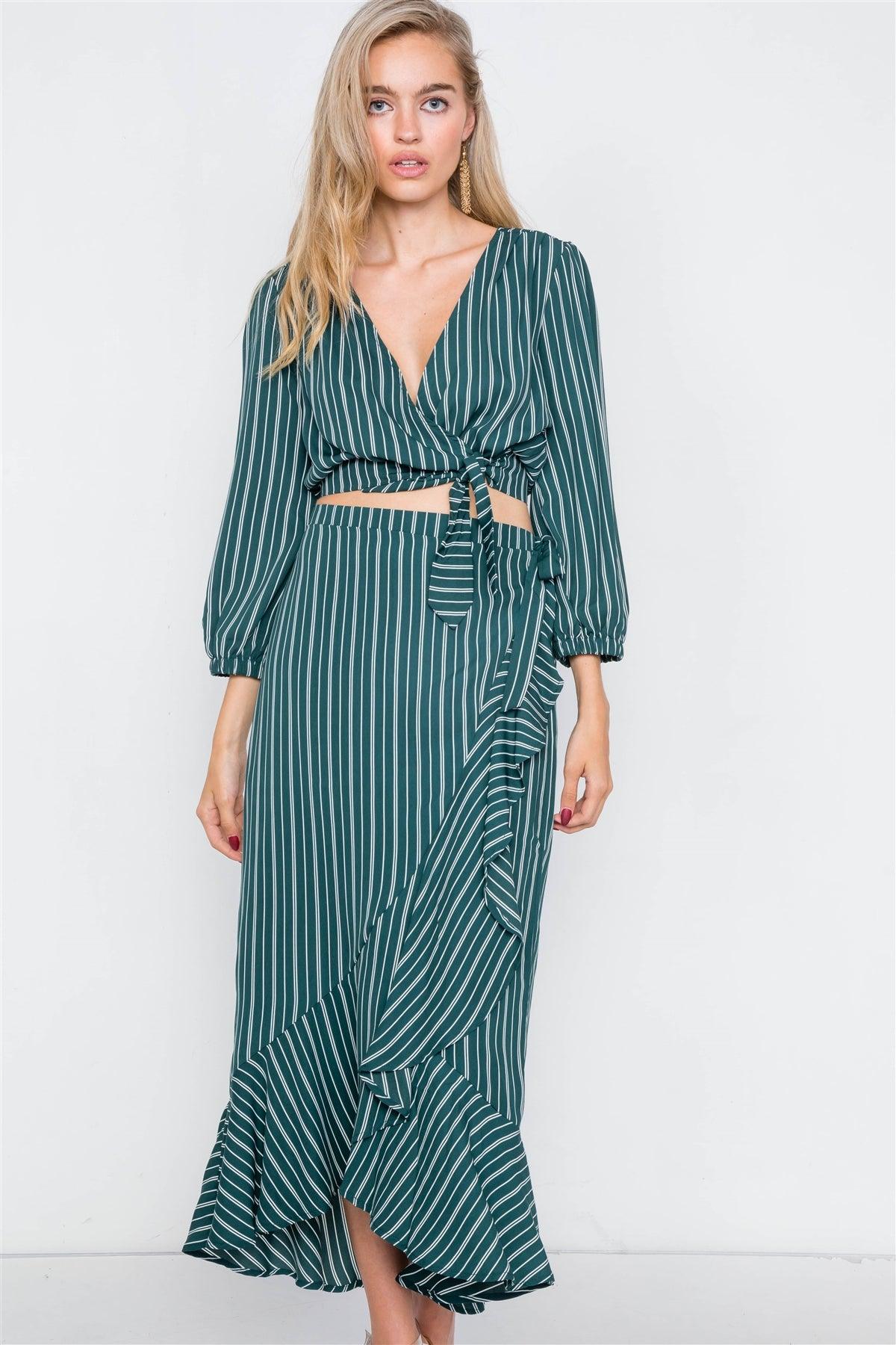 Green & White Stripe Crop V-Neck & Mock Wrap Midi Skirt Set /2-2-2