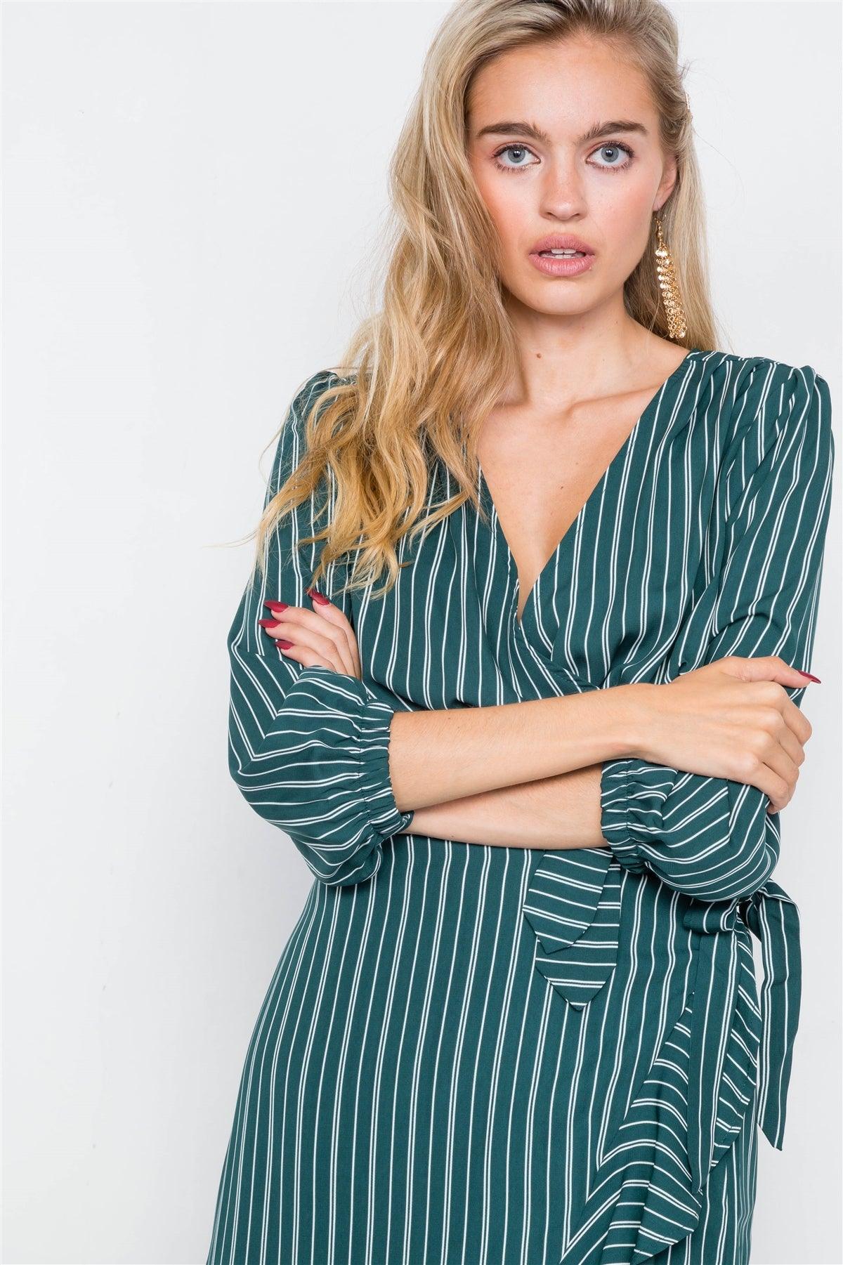 Green & White Stripe Crop V-Neck & Mock Wrap Midi Skirt Set /2-2-2