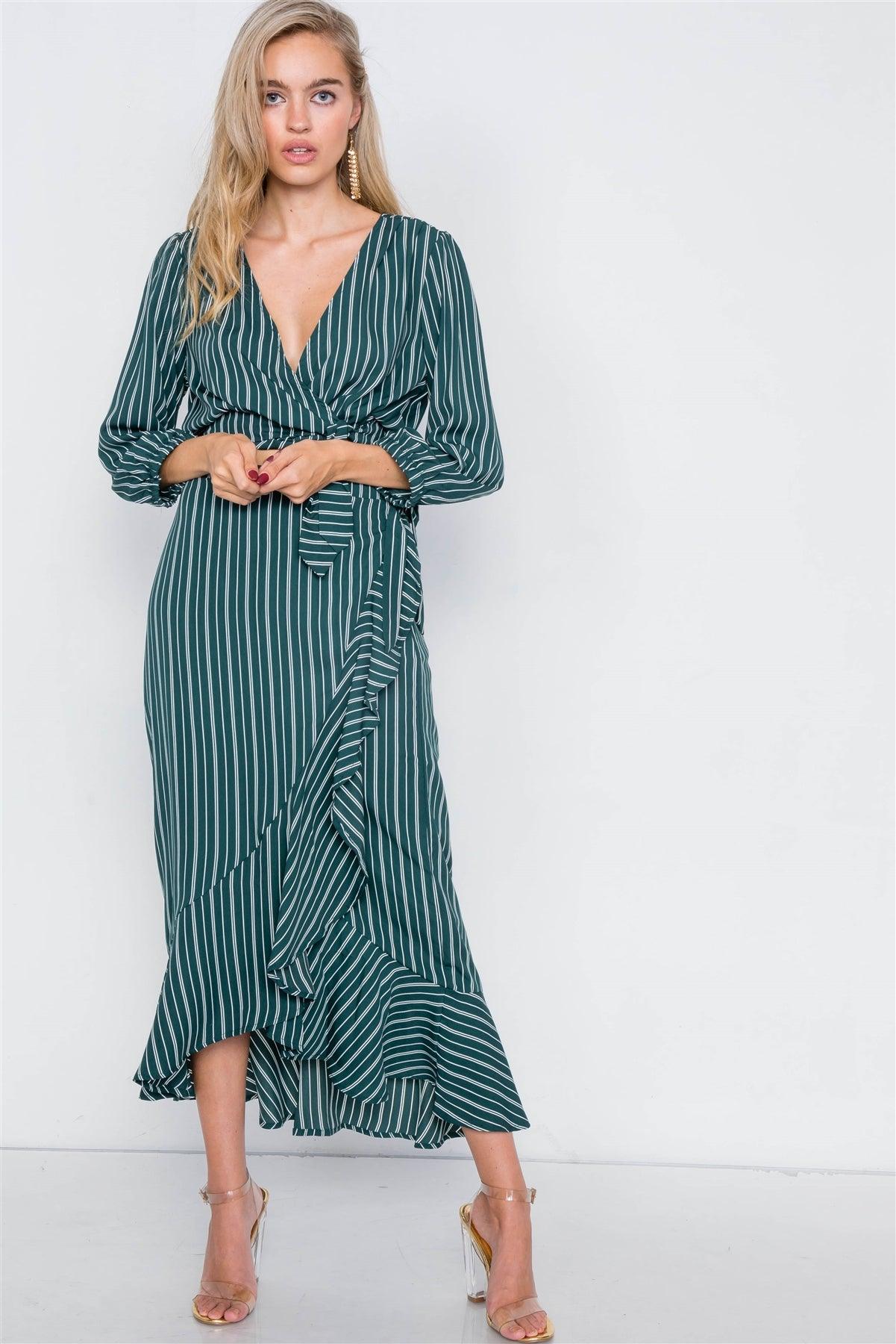 Green & White Stripe Crop V-Neck & Mock Wrap Midi Skirt Set /2-2-2