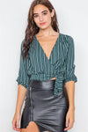 Green & White Stripe Side Bow V-Neck Crop Top  /2-2-2