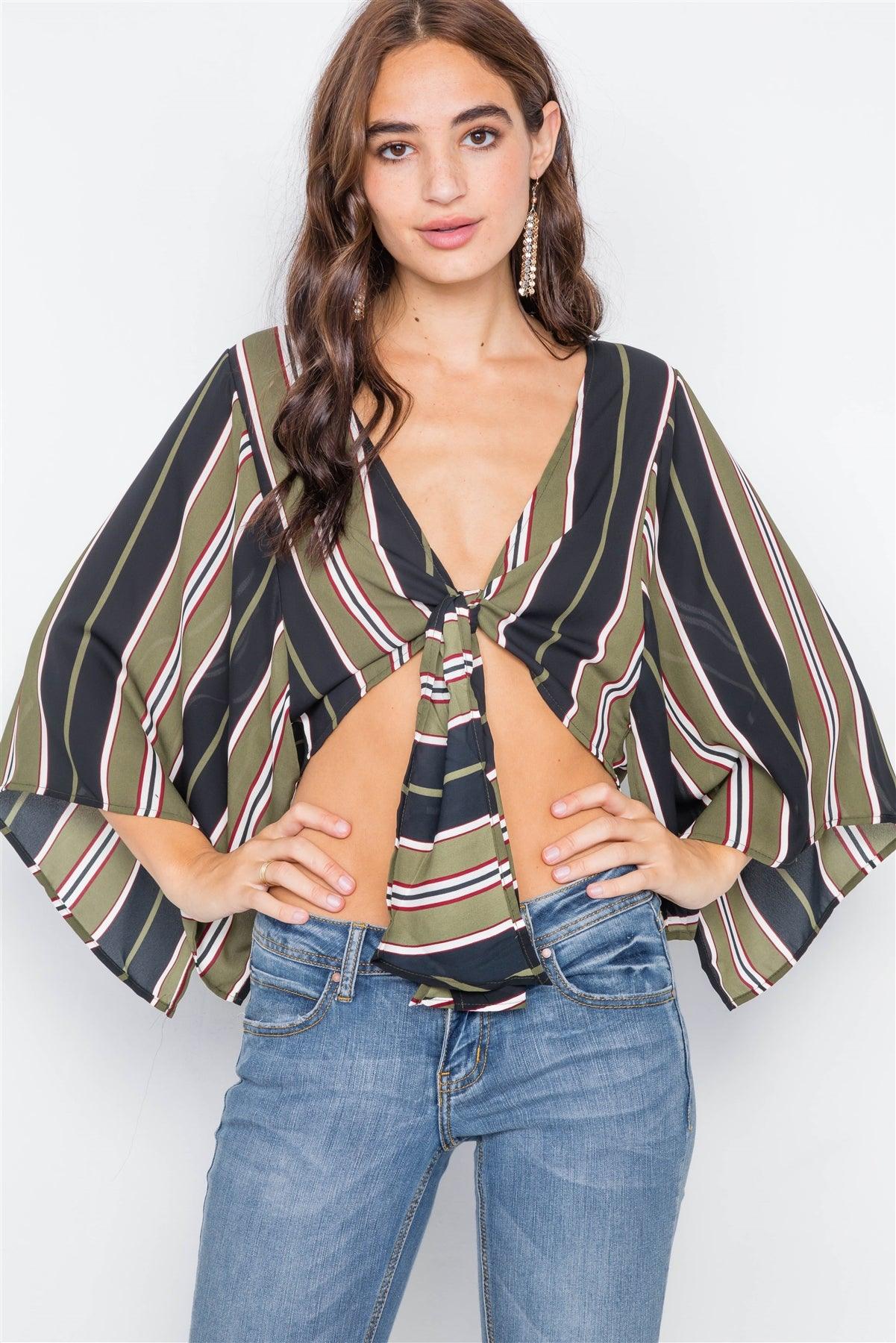 Green Sheer Front-Tie Multi Stripe Kimono Sleeve Crop Top /2-2-2