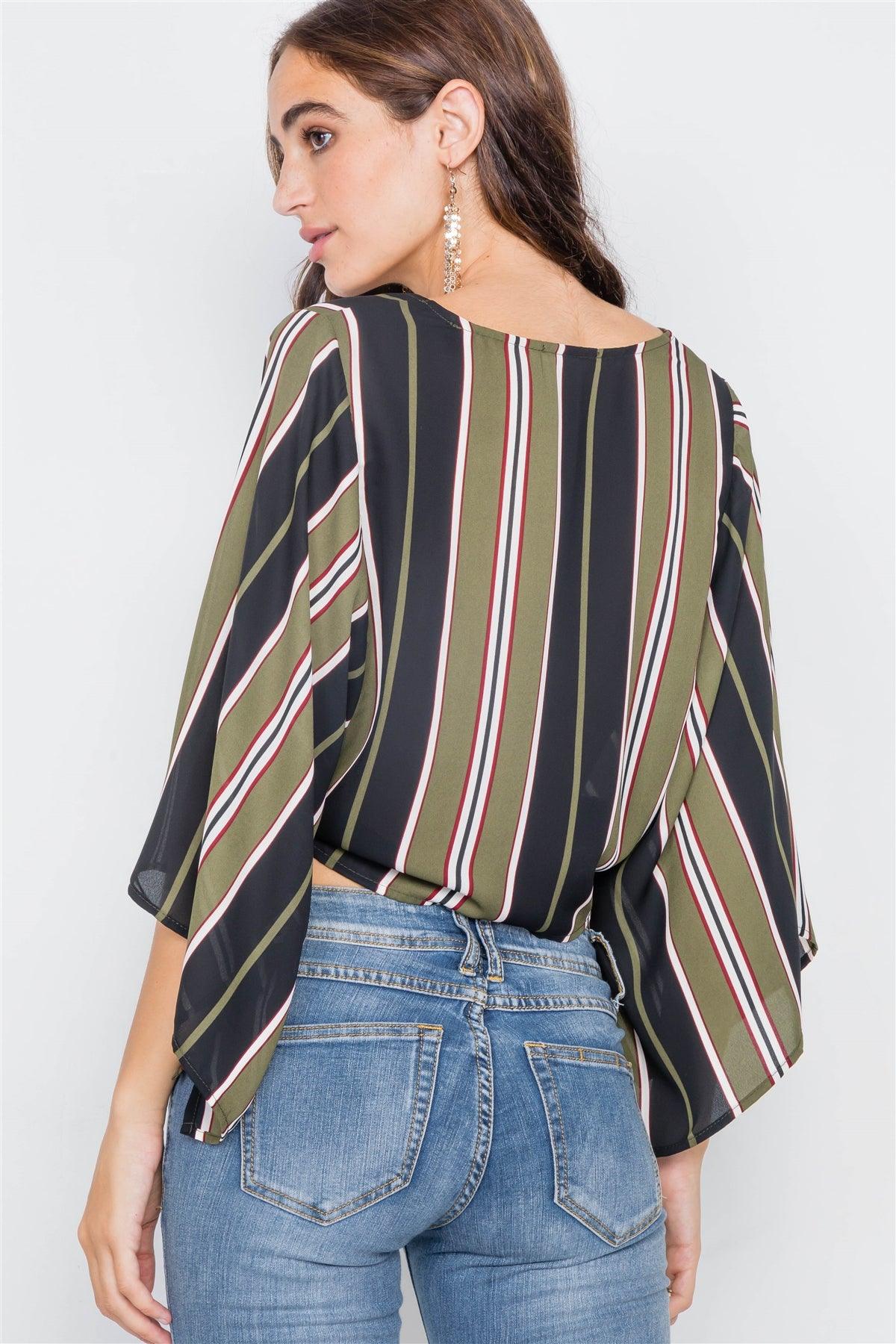 Green Sheer Front-Tie Multi Stripe Kimono Sleeve Crop Top /2-2-2