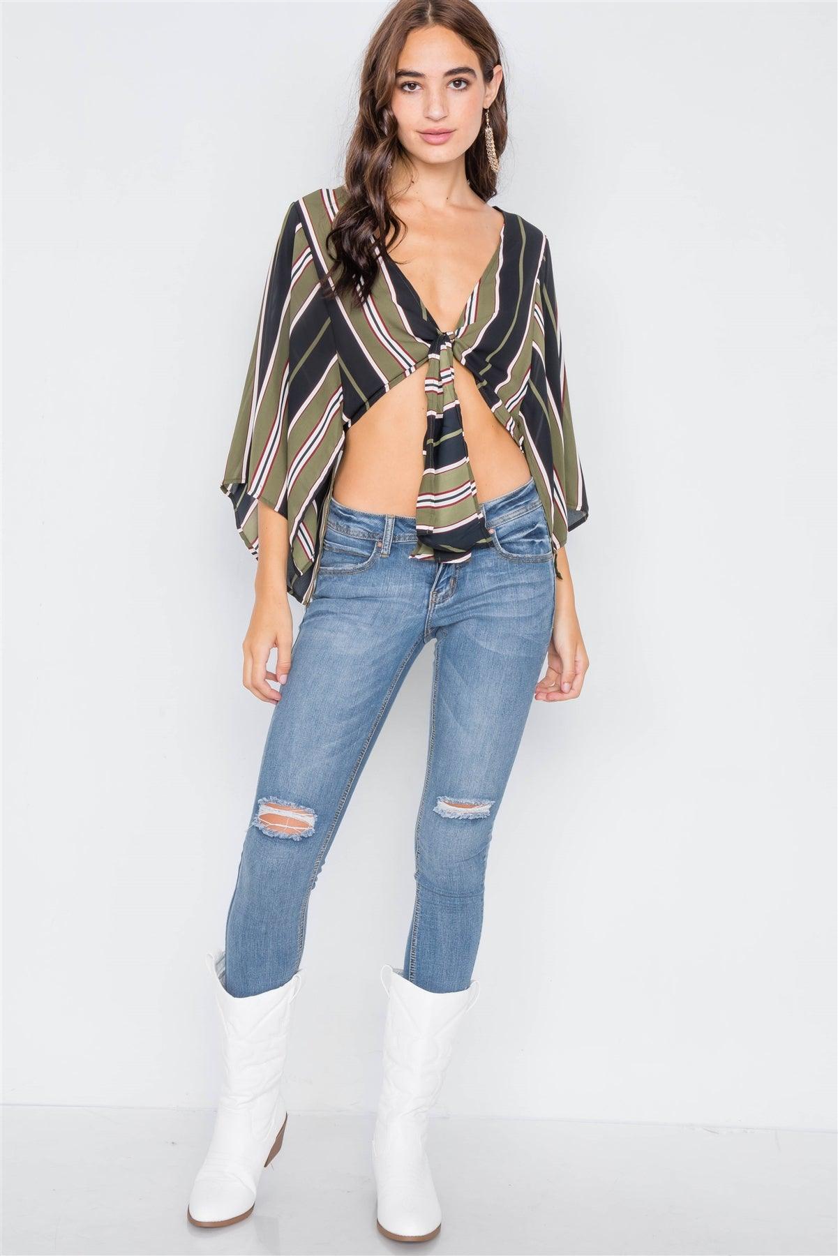 Green Sheer Front-Tie Multi Stripe Kimono Sleeve Crop Top /2-2-2