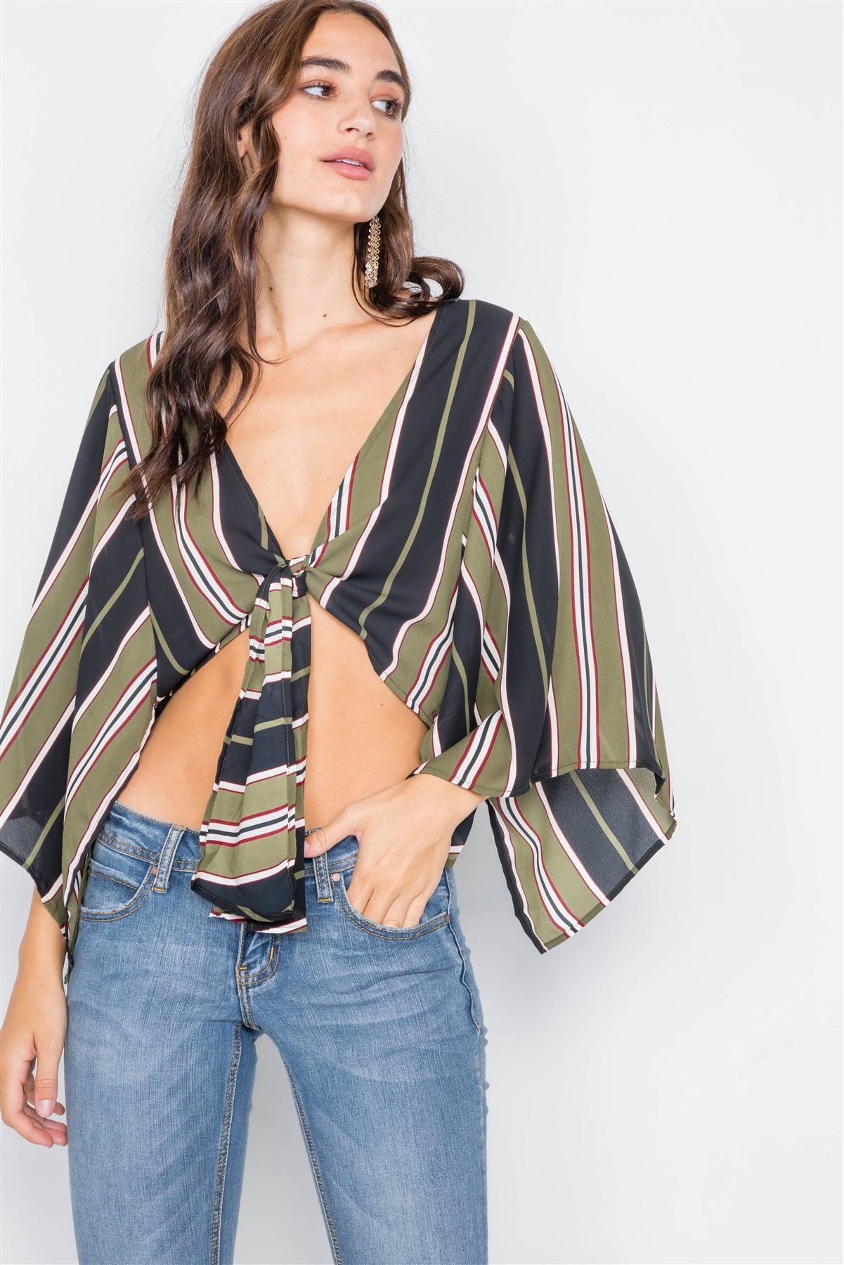 Green Sheer Front-Tie Multi Stripe Kimono Sleeve Crop Top /2-2-2