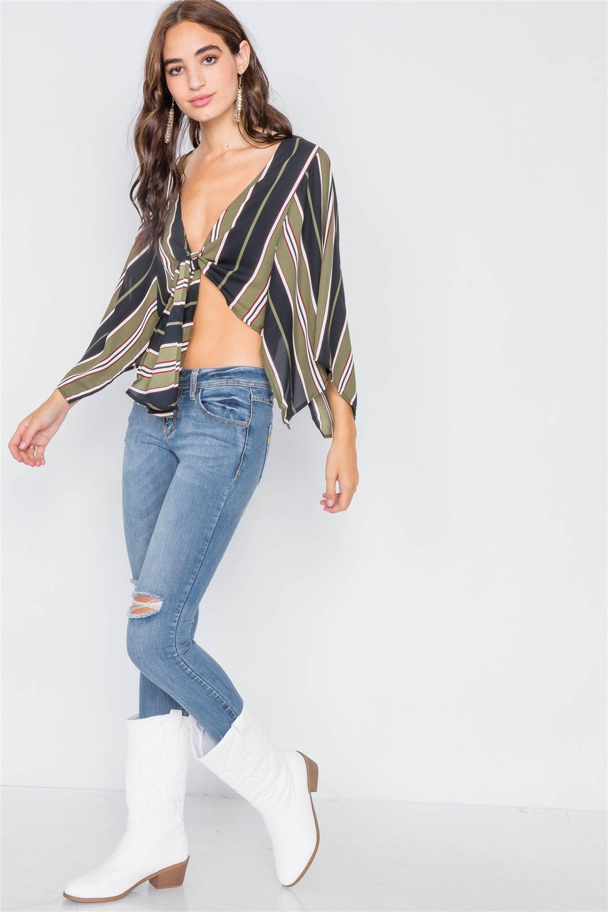 Green Sheer Front-Tie Multi Stripe Kimono Sleeve Crop Top /2-2-2