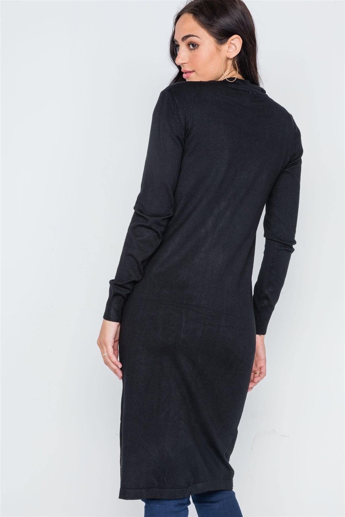 Black Button Front Longline Cardigan /1-2-2-1