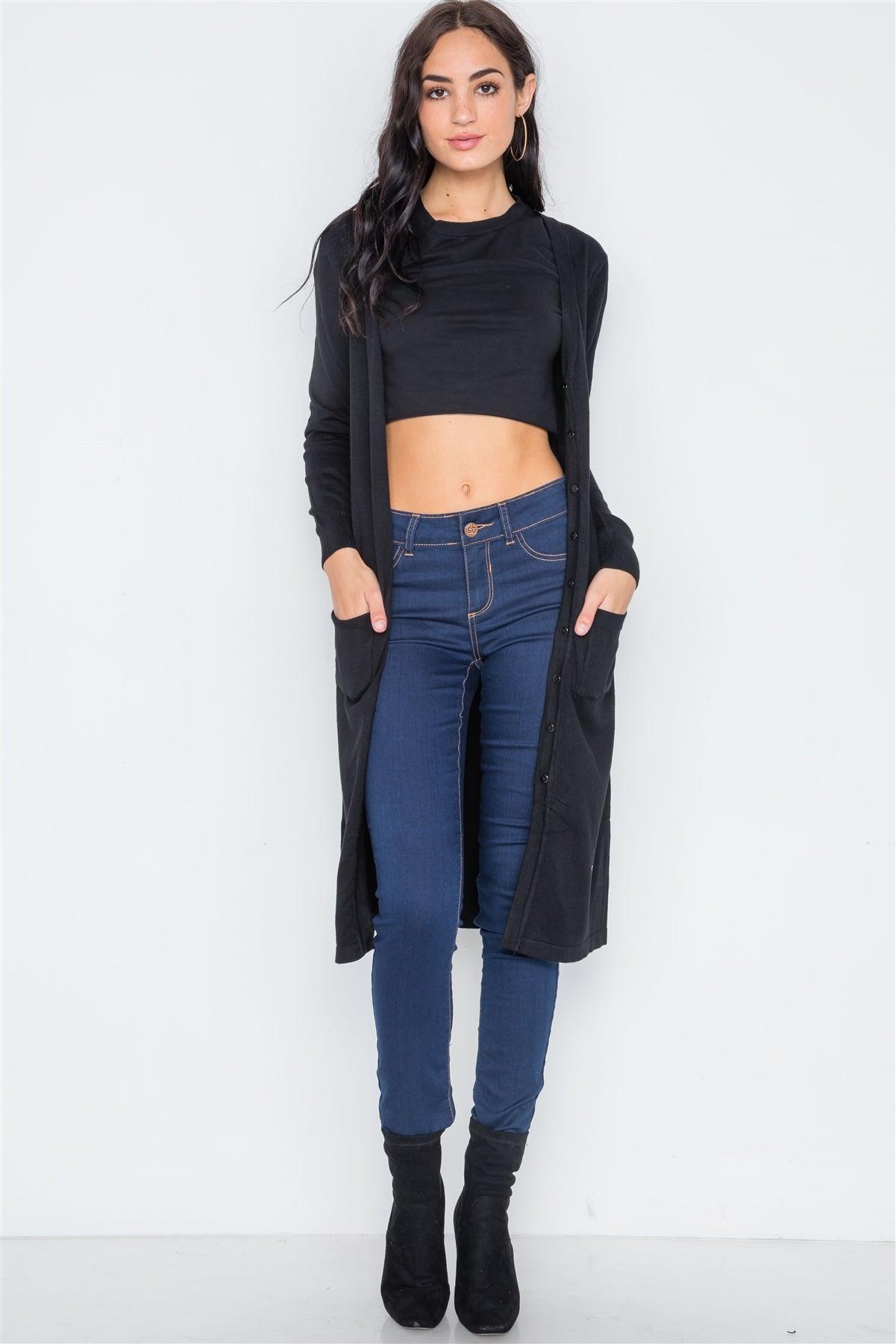 Black Button Front Longline Cardigan /1-2-2-1