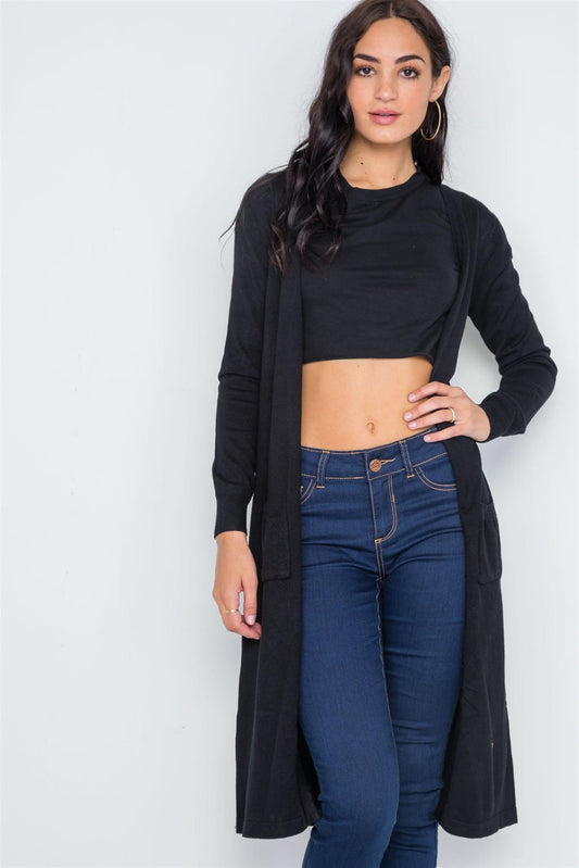 Black Button Front Longline Cardigan