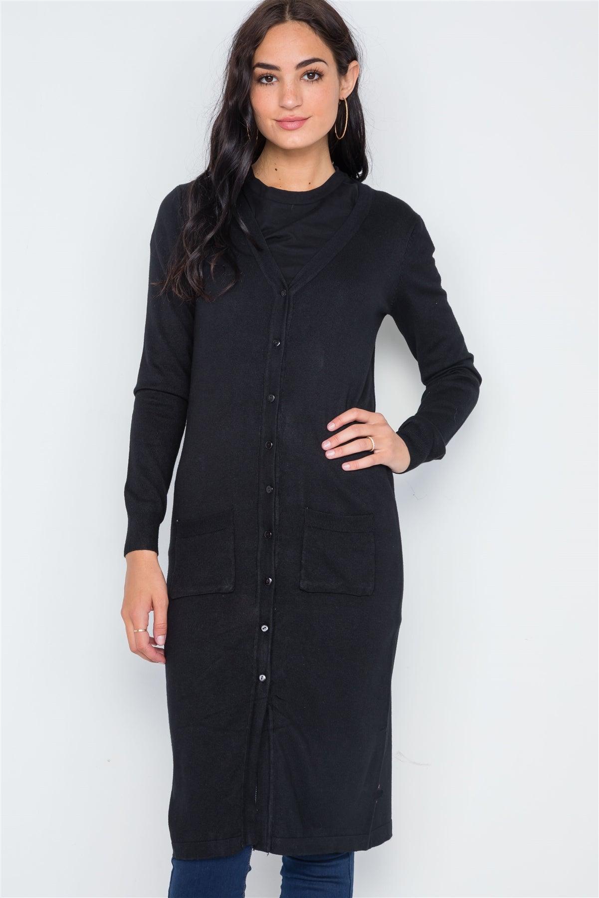 Black Button Front Longline Cardigan /3-2-1