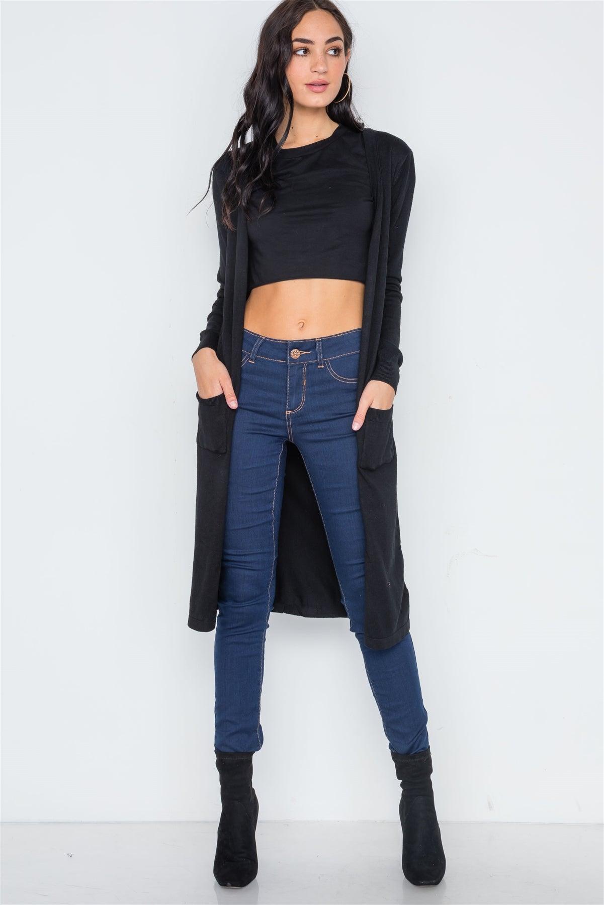 Black Button Front Longline Cardigan /3-2-1