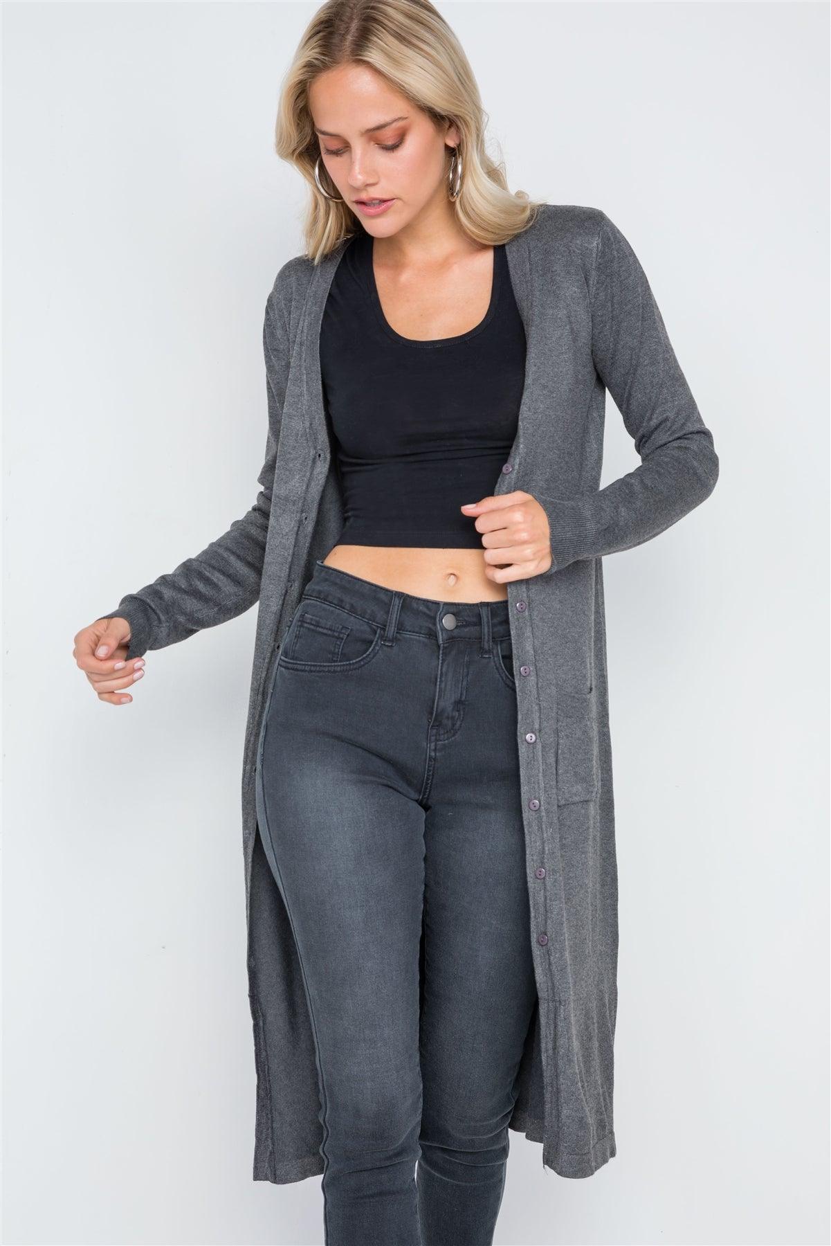 Charcoal Button Front Longline Cardigan /1-2-2-1