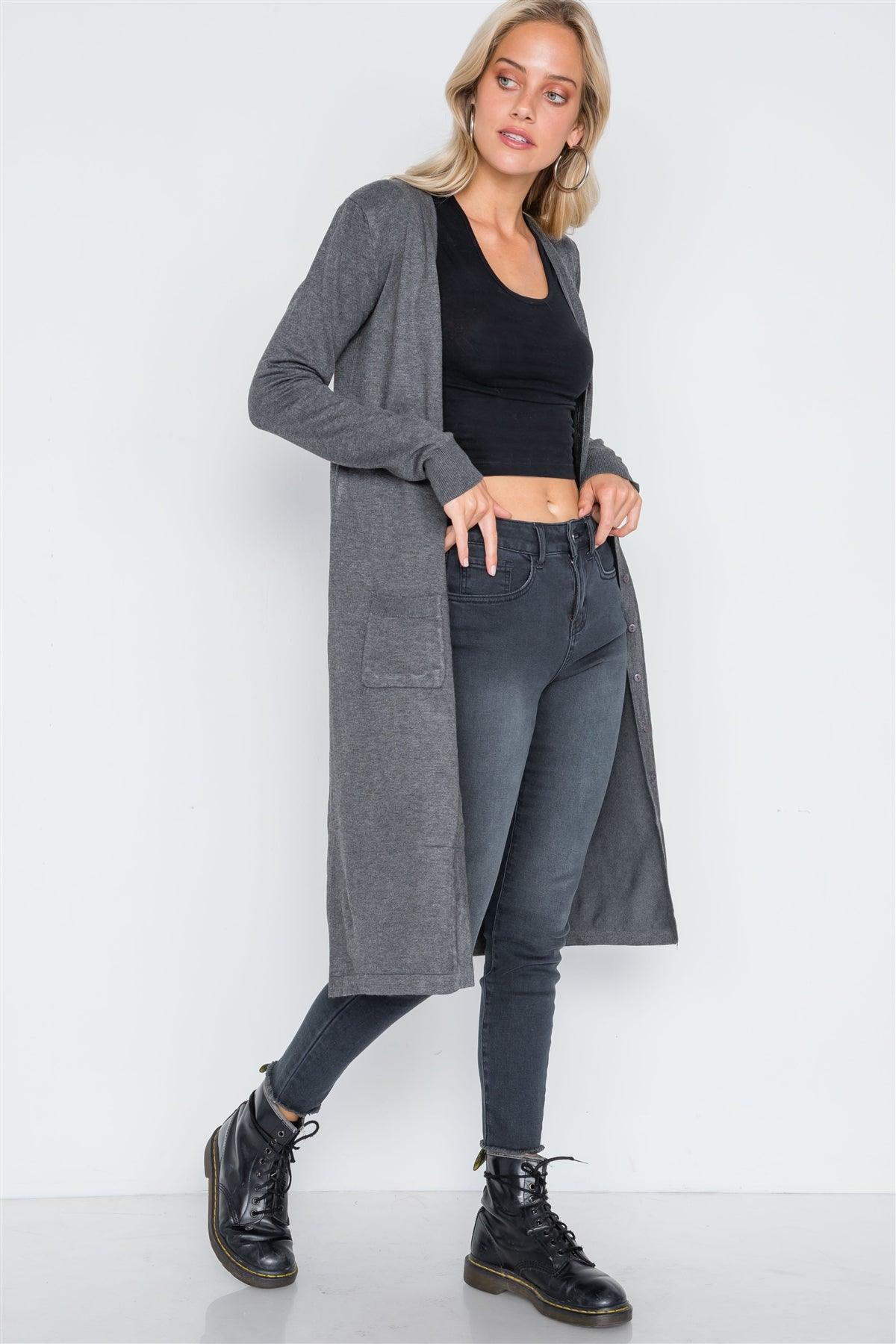 Charcoal Button Front Longline Cardigan /1-2-2-1