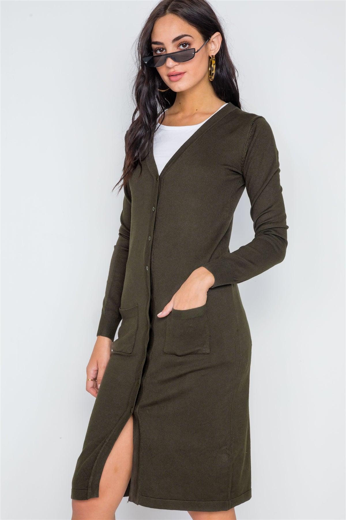 Olive Button Front Longline Cardigan /1-2-2-1