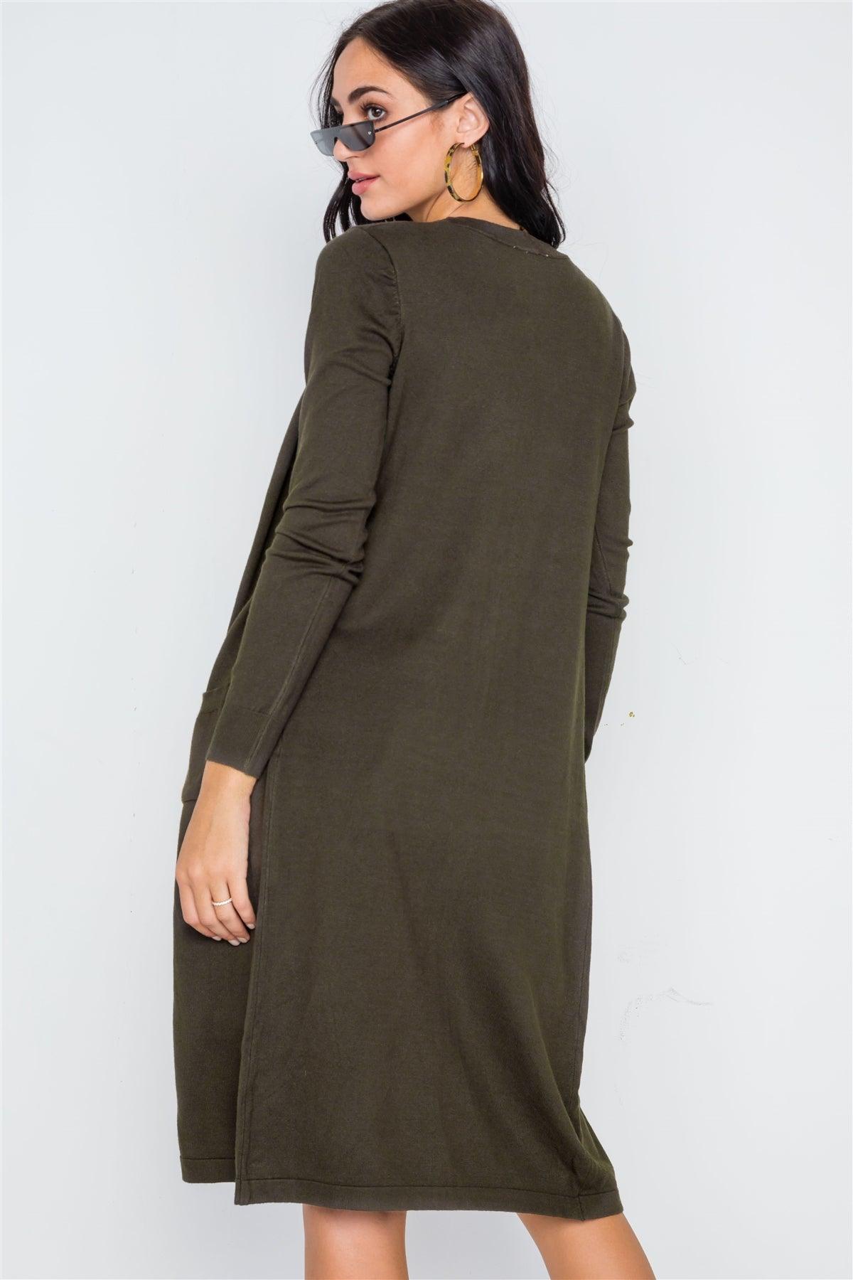 Olive Button Front Longline Cardigan /1-2-2-1