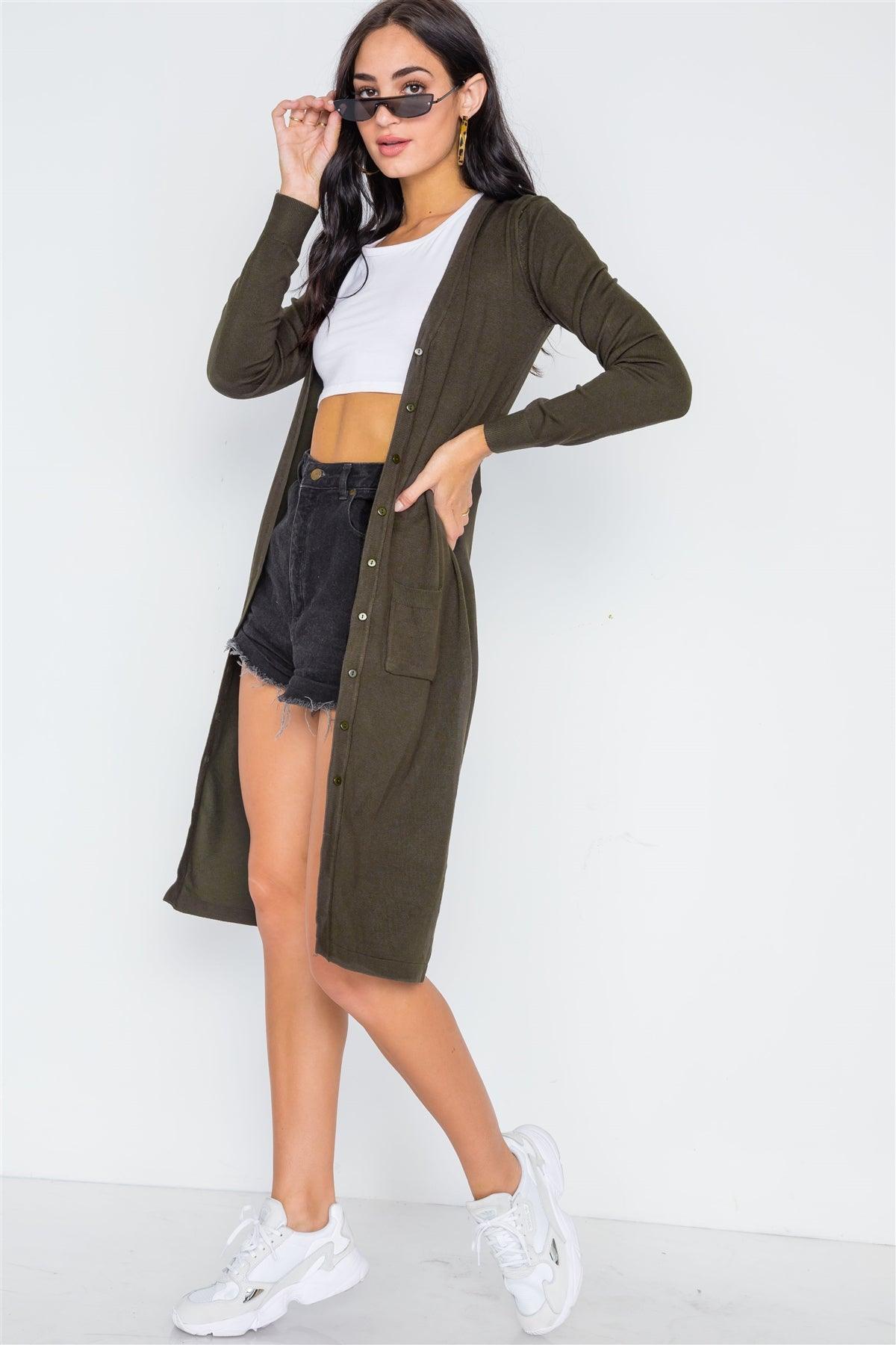 Olive Button Front Longline Cardigan /1-2-2-1