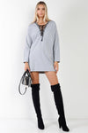 Grey Long Sleeve Graphic Trim Lace-Up Sweater Dress /2-2-2