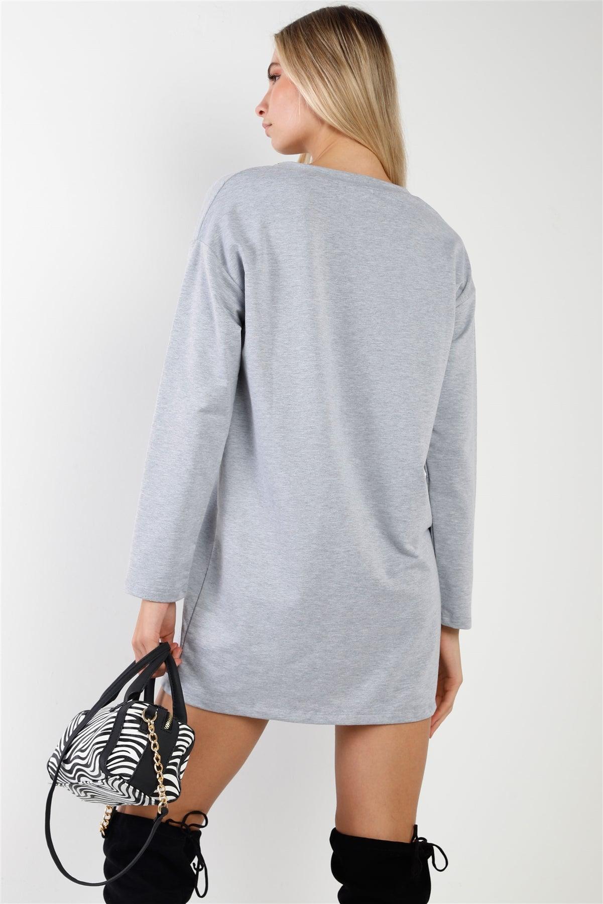 Grey Long Sleeve Graphic Trim Lace-Up Sweater Dress /2-2-2