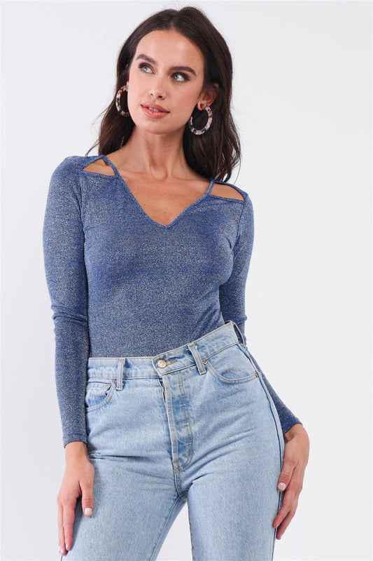 Diamond Sky Blue Glittery V-Neck Long Sleeve Cut-Out Shoulder Detail Bodysuit /3-2-1