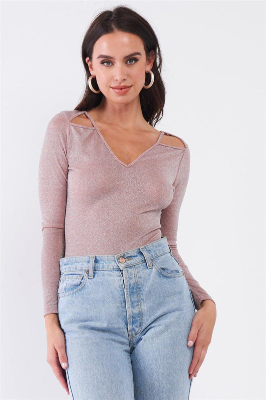 Pink Panther Blush Glittery V-Neck Long Sleeve Cut-Out Shoulder Detail Bodysuit /3-2-1