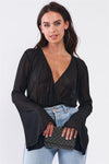 Black Long Flare Sleeve Deep Plunge V-Neck Crushed Fabric Bodysuit /3-2-1