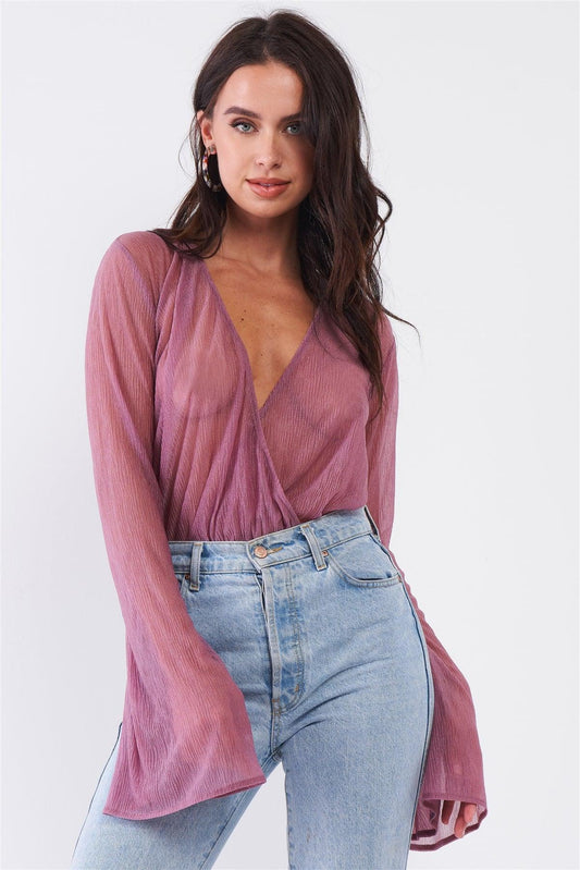 Dusty Rose Mauve Long Flare Sleeve Deep Plunge V-Neck Crushed Fabric Bodysuit /3-2-1