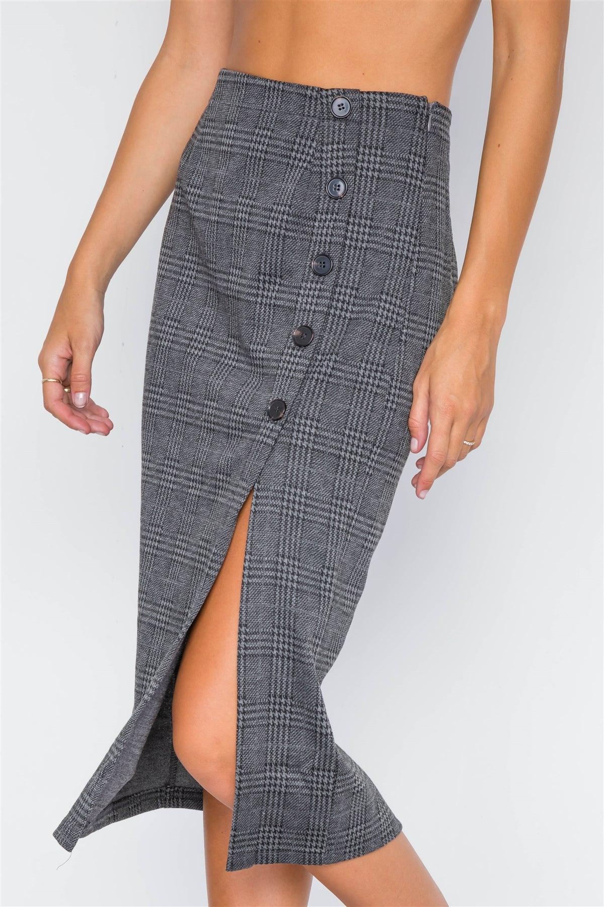 Charcoal Plaid High-Waist Side Slit Pencil Skirt / 3-2-1