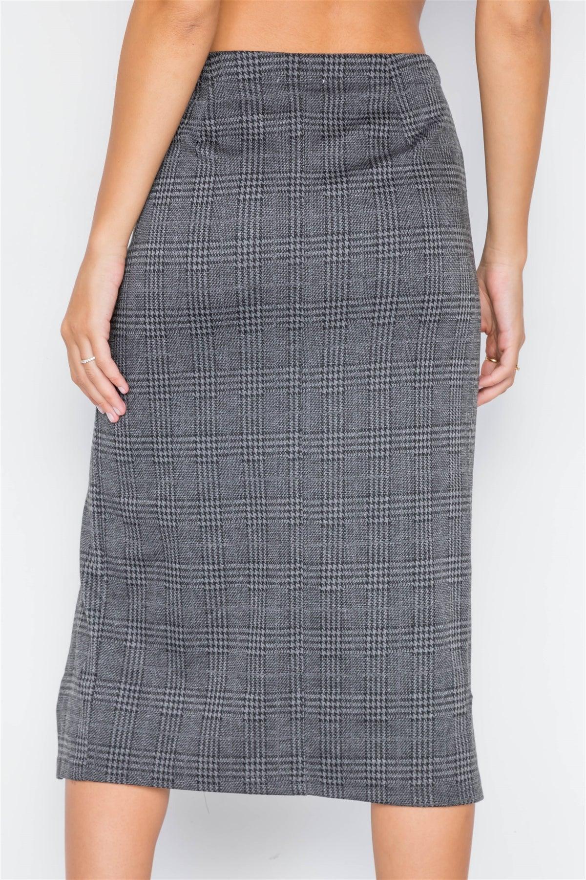 Charcoal Plaid High-Waist Side Slit Pencil Skirt / 3-2-1