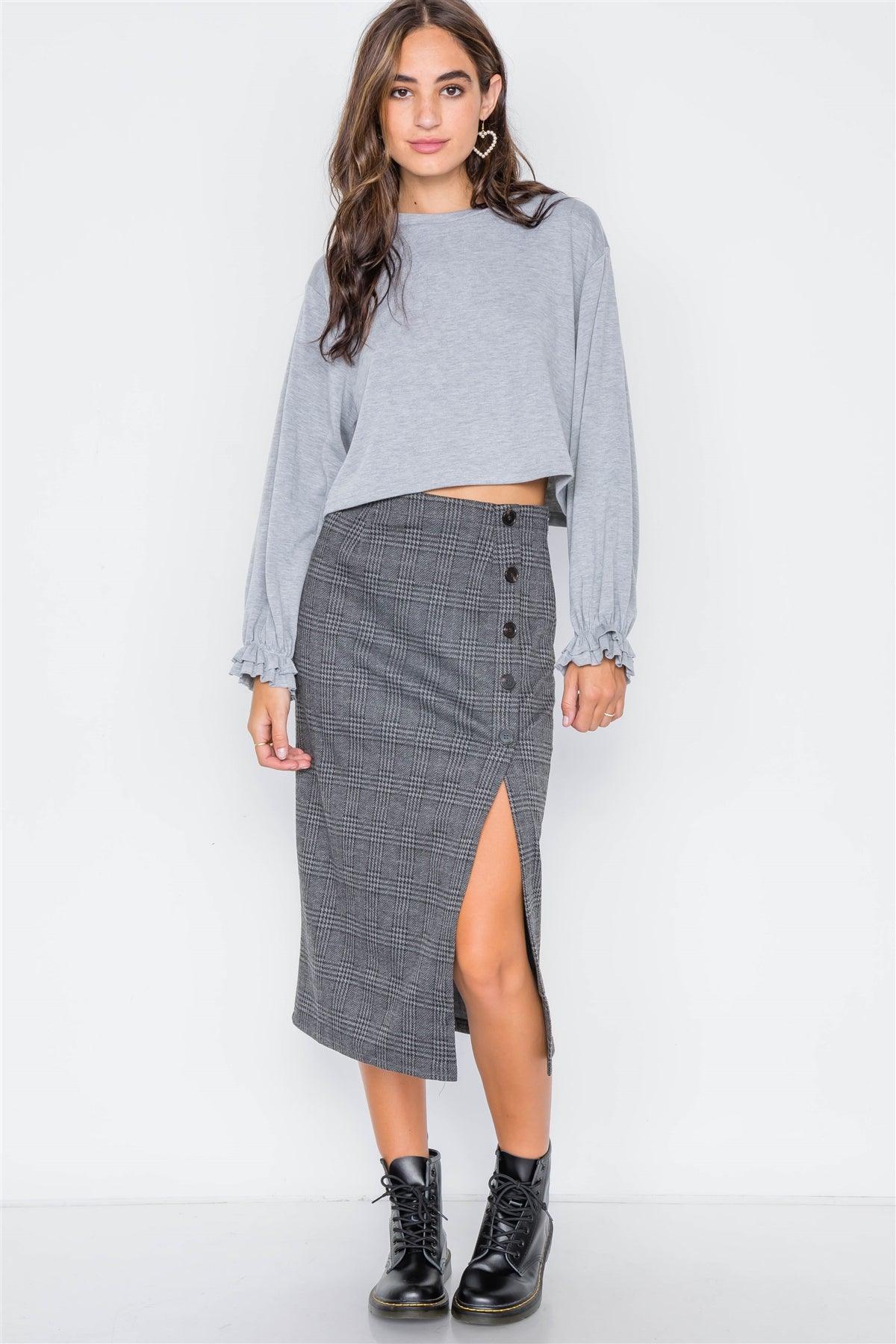 Charcoal Plaid High-Waist Side Slit Pencil Skirt / 3-2-1