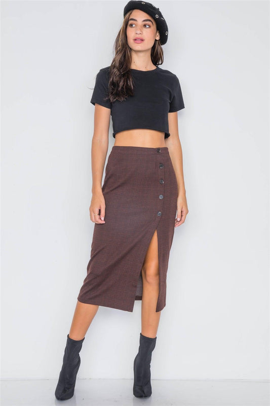 Redwood Plaid High-Waist Side Slit Pencil Skirt / 3-2-1