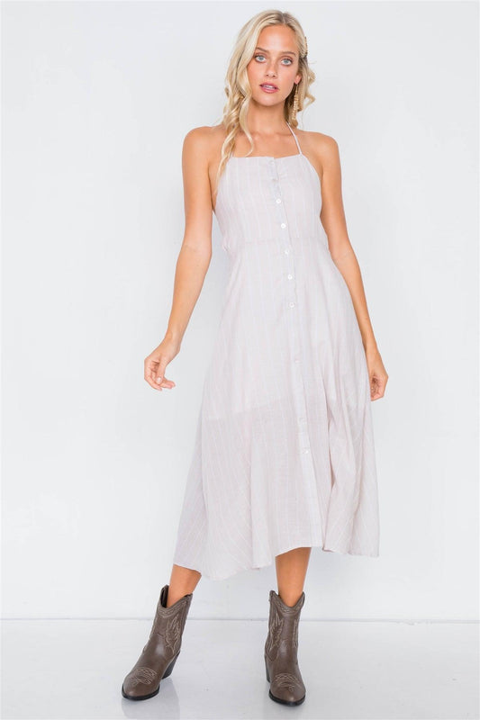 Sand Cotton Semi-Sheer Halter Stripe Midi Dress /3-2-1